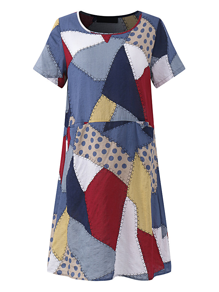 

O-NEWE Vintage Women Patch Printed Short Sleeve Pockets Dress, Red blue