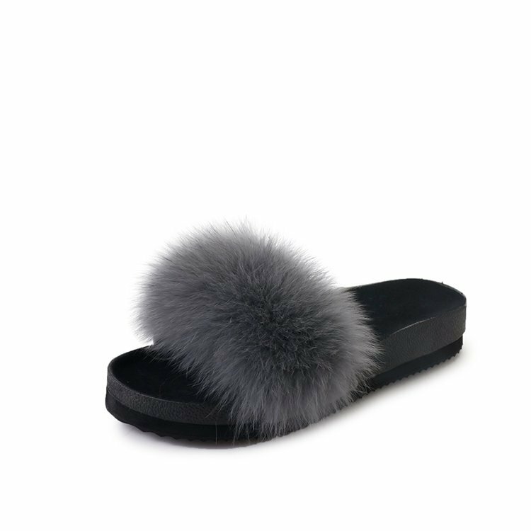 

Furry Peep Toe Flat Slippers, Brown grey black