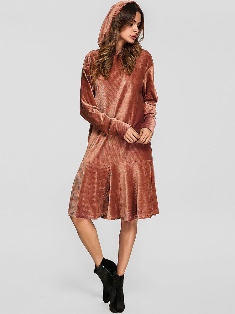 

Pure Color Corduroy Hooded Dresses, Rust