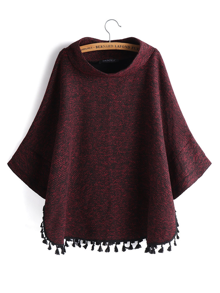 

Tassels Patchwork Turtleneck Cape Blouse, Wine red coffee