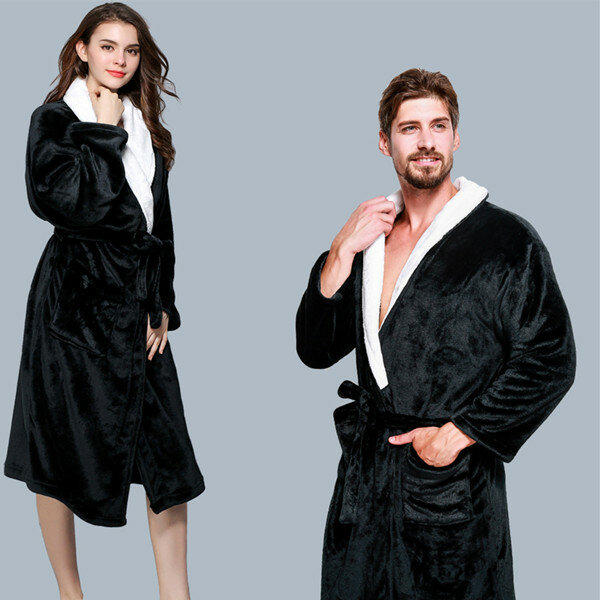 

Woman/Men Extra Long Flannel Bathrobe, Black gray
