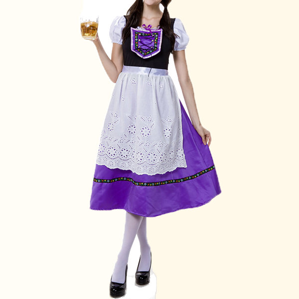 

Beer Traditional Embroidery Drawstring Long Dress Maid Cosplay Costume For Women, Purple
