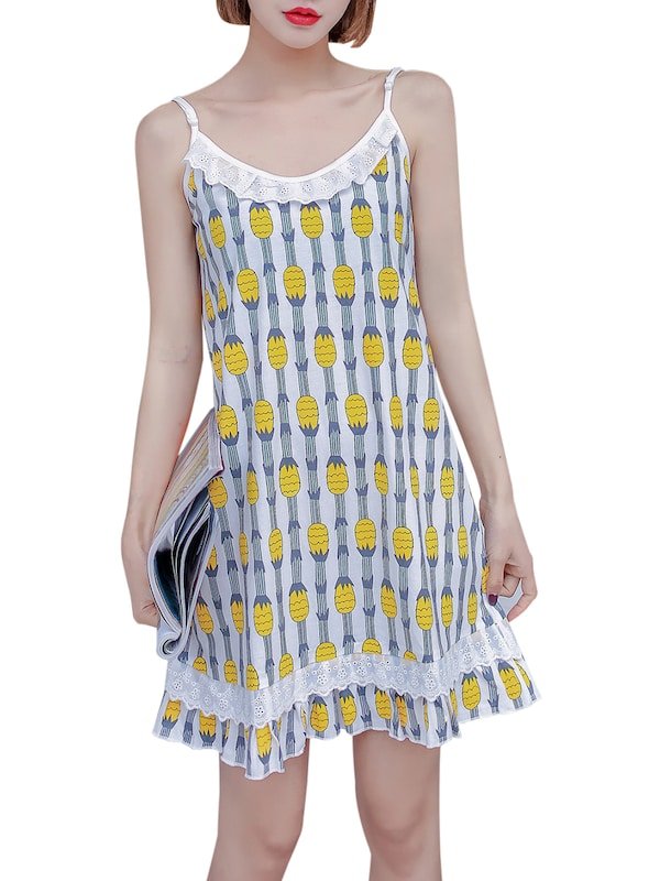 

Fruit Pattern Lace Patched Sleeveless Sweet Style Comfy Home, Yellow
