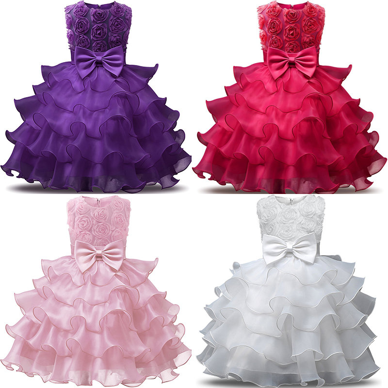 

Girls Pleated Princess Dress For 4Y-13Y, White pink red purple blue champagne rose red