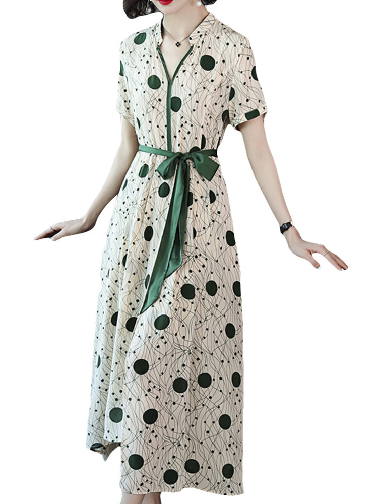 

Elegant Print Polka Dot V-neck Silk Dresses, As picture shows
