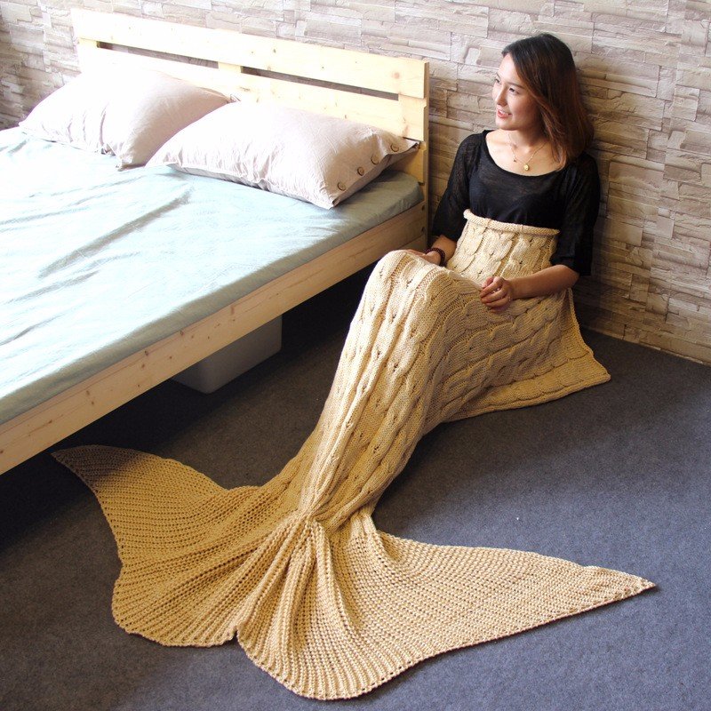 

60x160cm 3 Color Yarn Knitting Mermaid Tail Blanket Warm Super Soft Bed Mat Sleep Bag Birthday Gift, Orange white grey