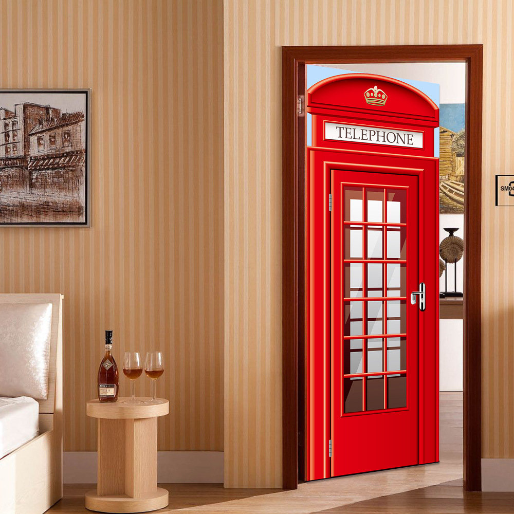 

200X77CM 3D Stairs Telephone Booth PVC Self Adhesive Door Wall Sticker Living Room Mural Decor