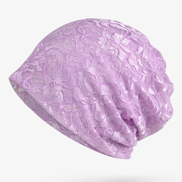 

Flower Lace Beanie Skull Cap Dual Use Collar Bonnet Hats, Purple blue
