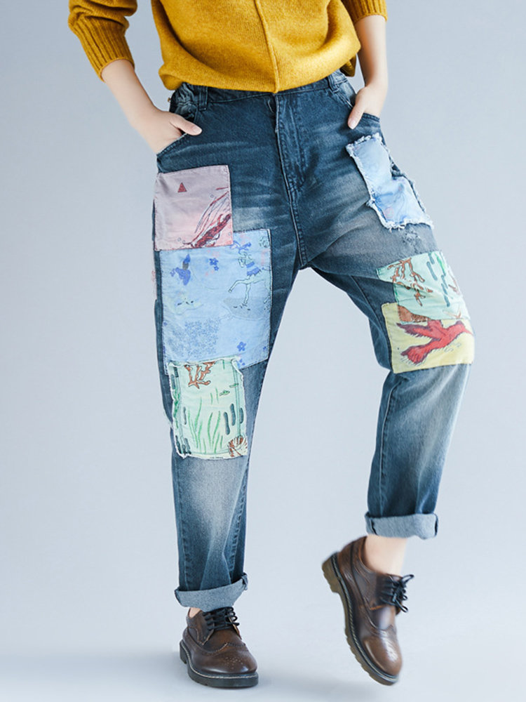 

Vintage Loose Patch Ripped High Waist Casual Denim