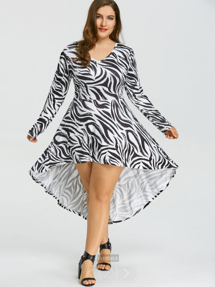 

Casual Printed Long Sleeve Dovetail Dress, White