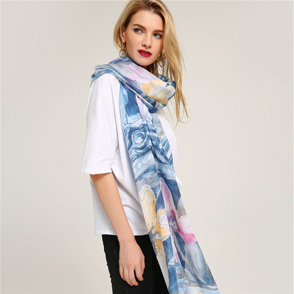 

MEANBEAUTY 180cm*80cm Cotton Scarf Floral Printing Shawl, Yellow blue pink