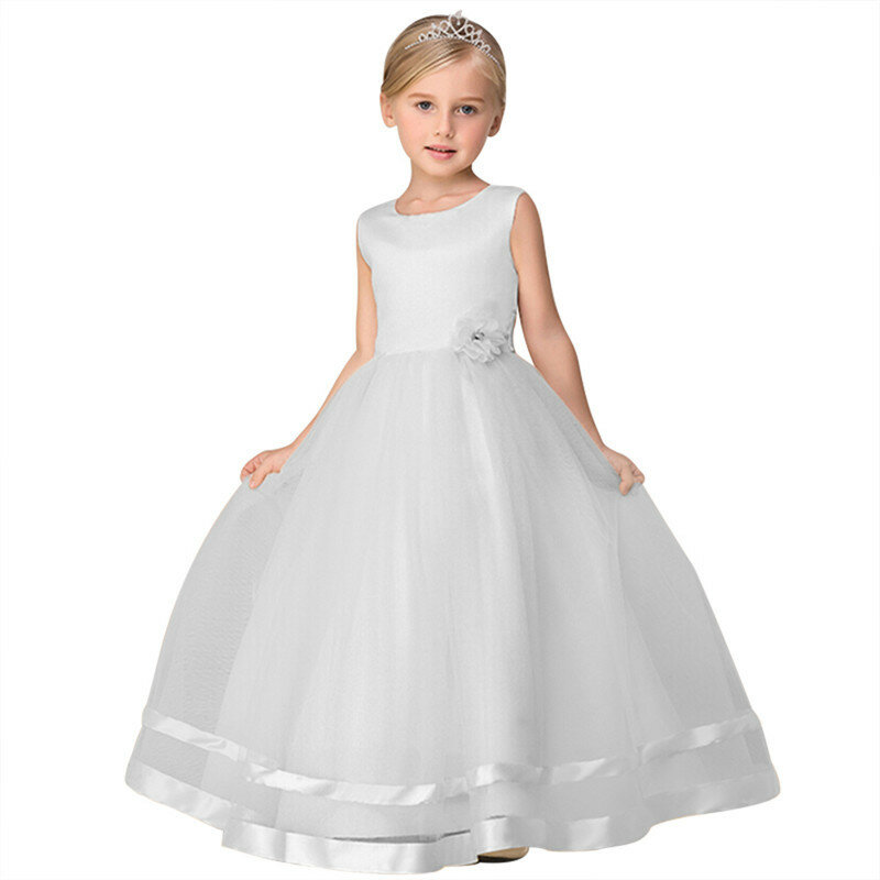 

Flower Girls Tulle Long Dress For 4-15Y, White pink purple champagne blue rose red darkblue