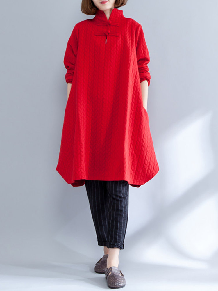 

Vintage Red Embossed Stand Collar Dress