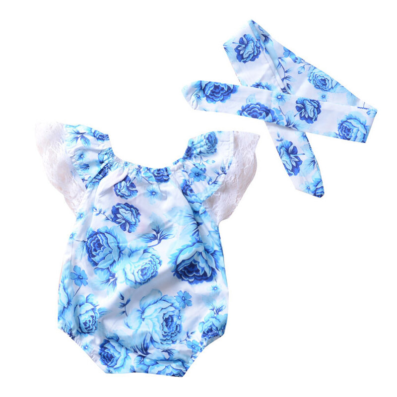 

Floral Girls Romper with Headwear For 0-24M, Blue