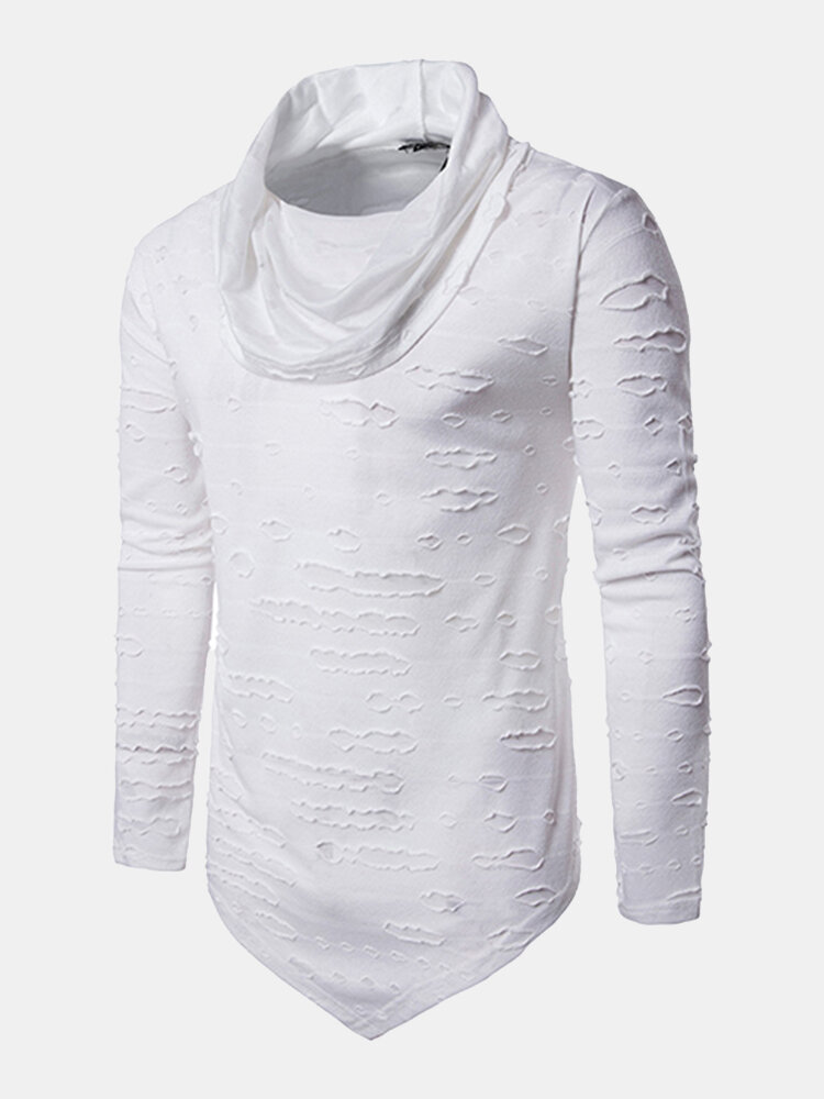 

Mens Hip-Hop Holes Pile Heap Collar Irregular Hem Solid Color Long Sleeve Casual Cotton T-shirt, White black