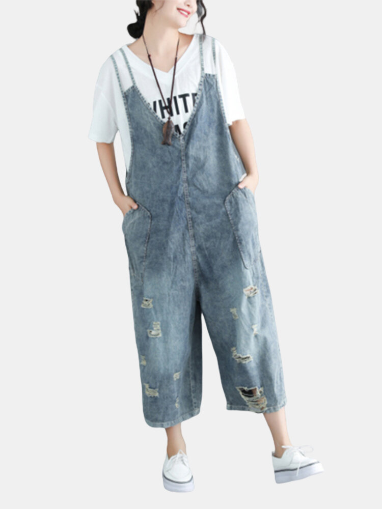 

Ripped Straps Denim Jumpsuits, As picture shows