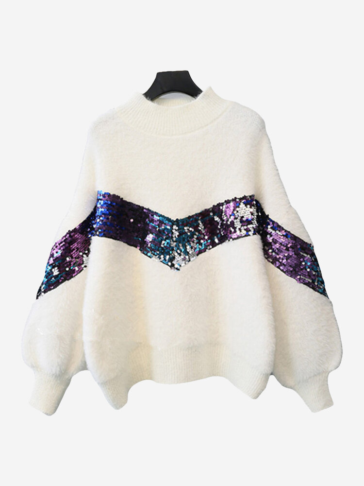 

Sequined High-necked Plush Lantern Sleeve Sweater