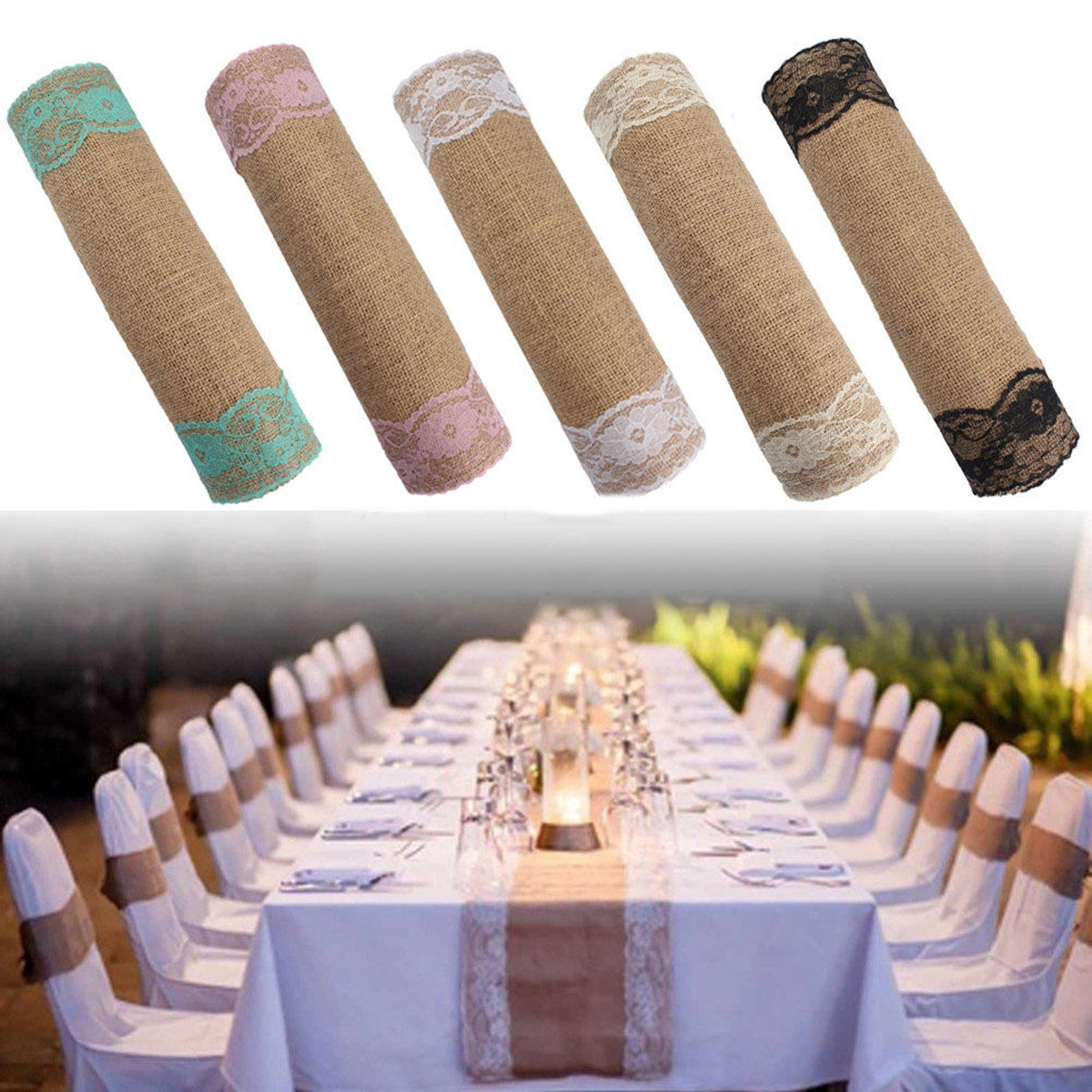 

5 Colors Jute Rustic Burlap Lace Table Runner Wedding Party Banquet Decoration, Green pink iron grey white black