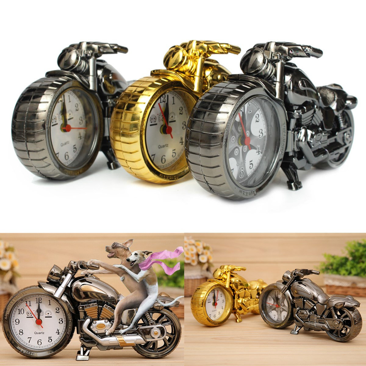 

Creative Motorbike Shape Alarm Clock Novel Desk Clock Festival Gift, Black multi-color gold