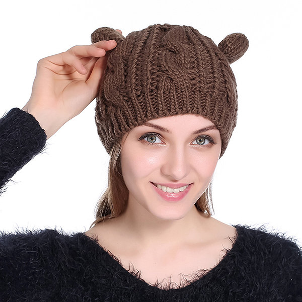 

Women Cute Winter Warm Wool Knit Bonnet Pure Color Comfortable Beanie Cap With Cat Ears, Black white navy coffee ginger grey red pink