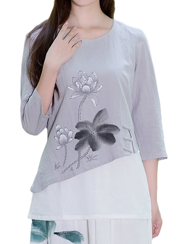 

Layers Patchwork Ink Printed Side Invisible Zipper Vintage Women Blouse, White gray