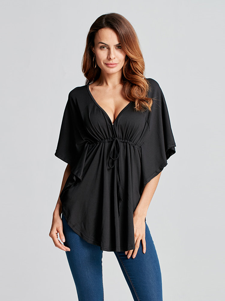 

Sexy Women Deep V Neck Drawstring Batwing Sleeve Solid Blouse, Blue gray coffee black wine red army green