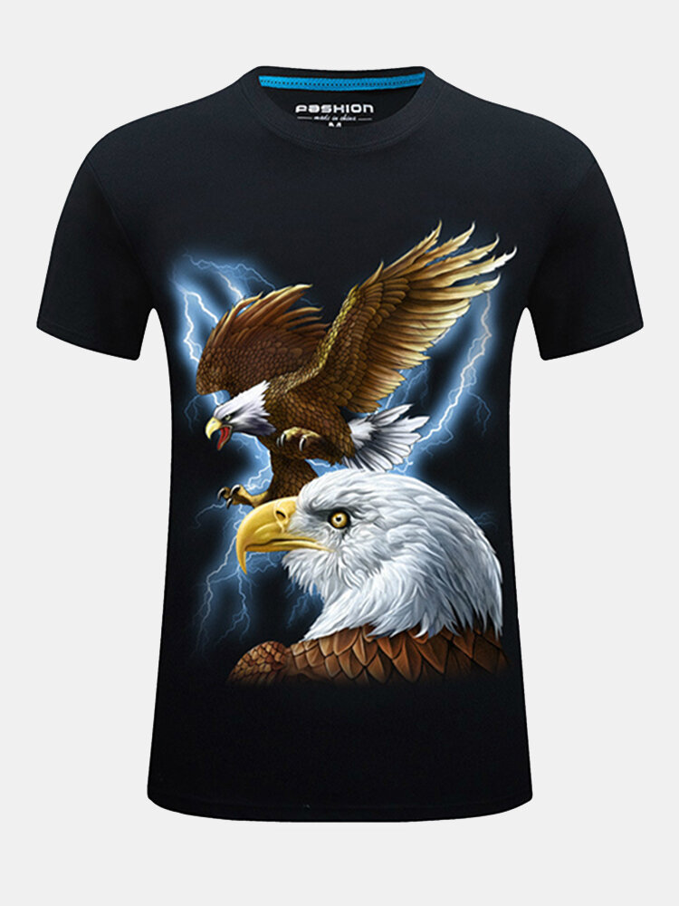

Mens Summer Casual 3D Eagle Printed O-neck Short Sleeve Cotton T-shirt, White black blue