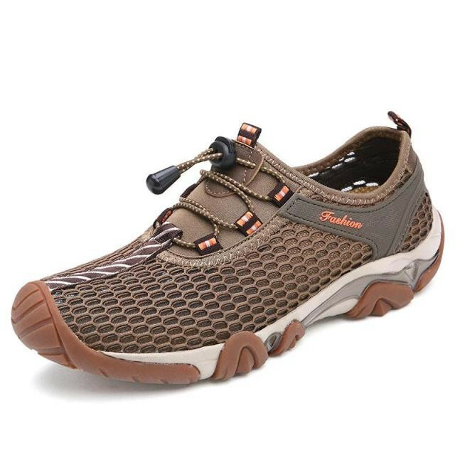 

Men Mesh Breathable Soft Shock Absorption Lace Up Flat Outdoor Sport Shoes, Gray khaki brown