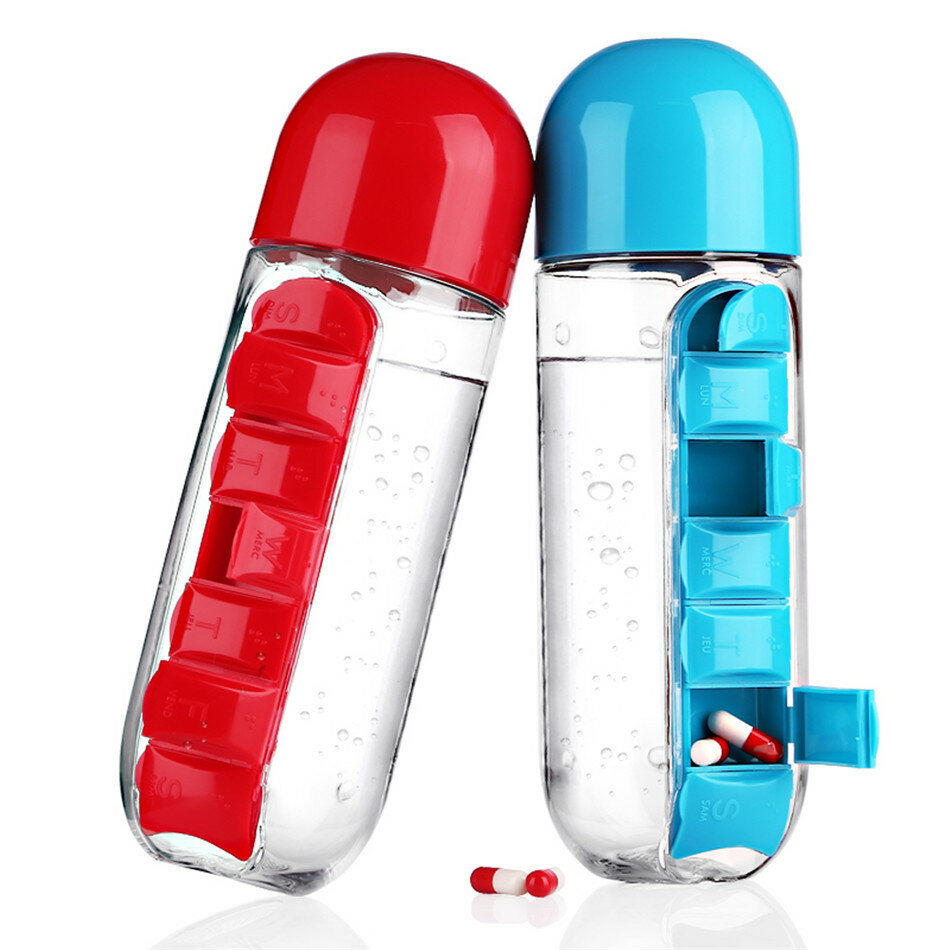 SaicleHome 600ml Water Bottle Daily Pill Storage Box Outdoor Drinking Bottles Anti-leak Drinkware