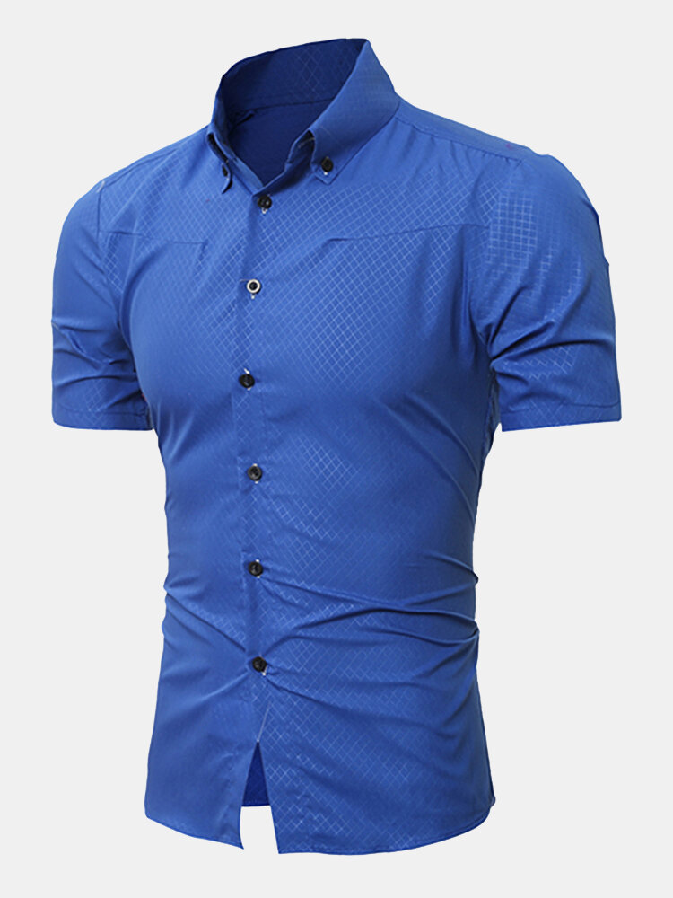 

Plus Size Business Fashion Plaids Printing Short Sleeve Designer Shirts for Men, Black royal blue wine red navy blue