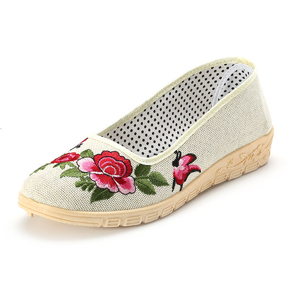 

Flower Butterfly Knot Flax Slip On Vintage Flat Shoes, Khaki gray yellow white