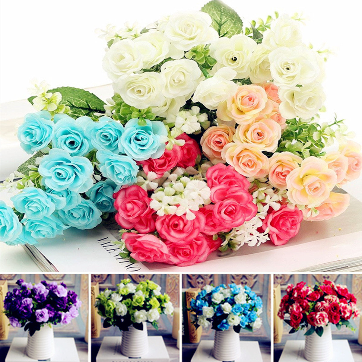 

15 Head Artificial Silk Rose Flower Decoration Bouquet, Blue deep pink cream pink