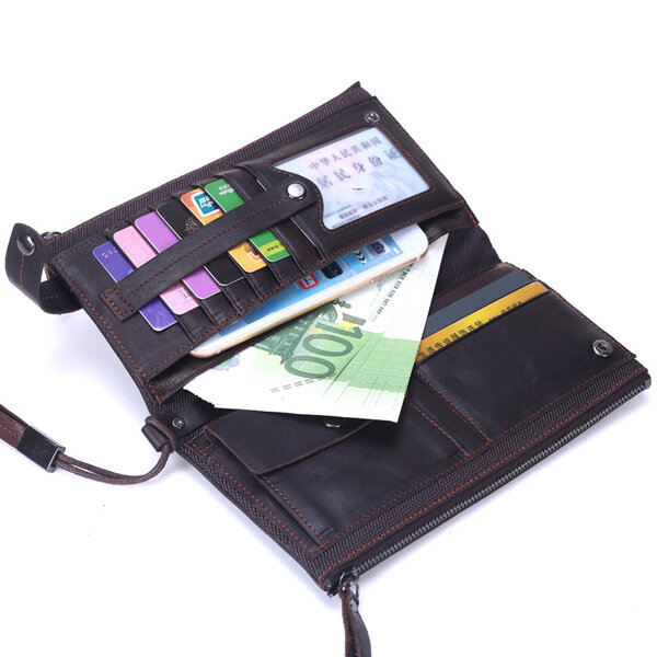 

Genuine Leather Double Zippers Wallet 8 Card Slots Business Card Holder Phone Bag, Black coffee