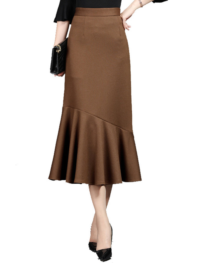 

Irregular Hem Solid Color Trumpet Skirt, Black army brown