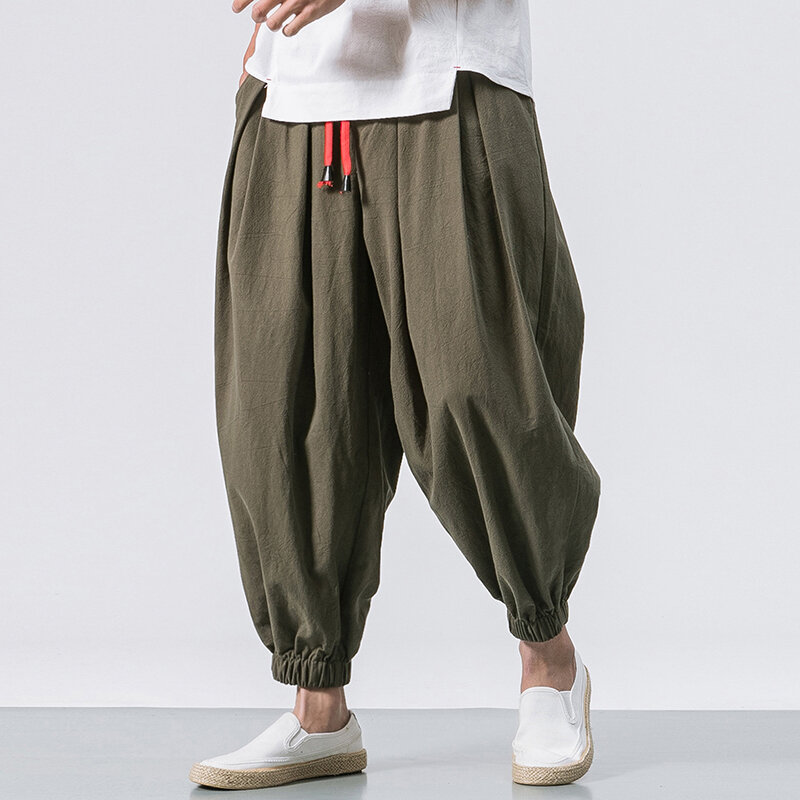 

Baggy Loose Cotton Harem Pants, Black coffee army green