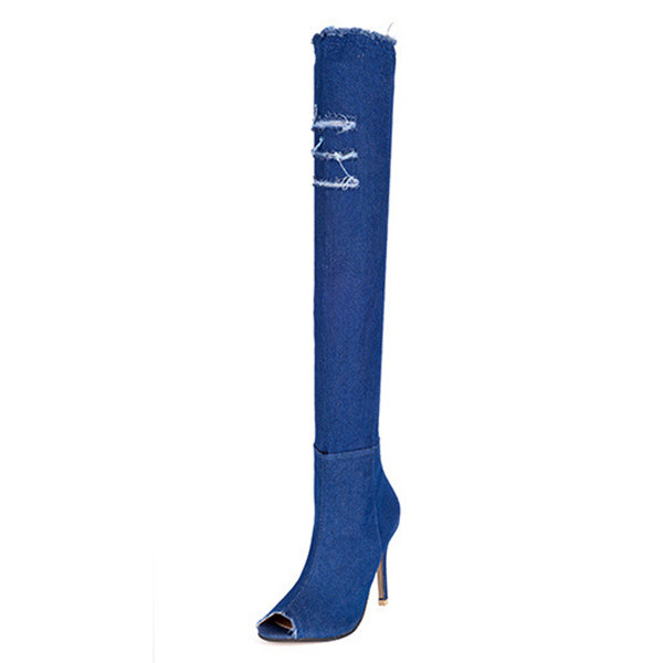 

Denim Peep Toe High Heel Thigh High Boots, Light blue dark blue
