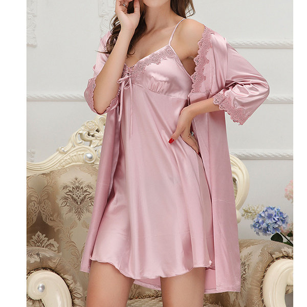 

Silky Soft Two Piece Slip Dress Robes Sleepwear Suit, Black wine red champagna purple