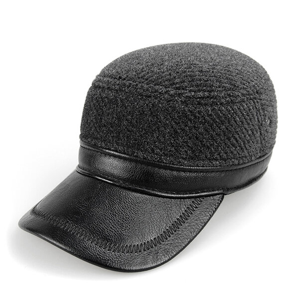 

Men Earflaps Thicken Woolen Flat Baseball Cap PU Brim Outdoor Casual Snapback Drake Hat, Black