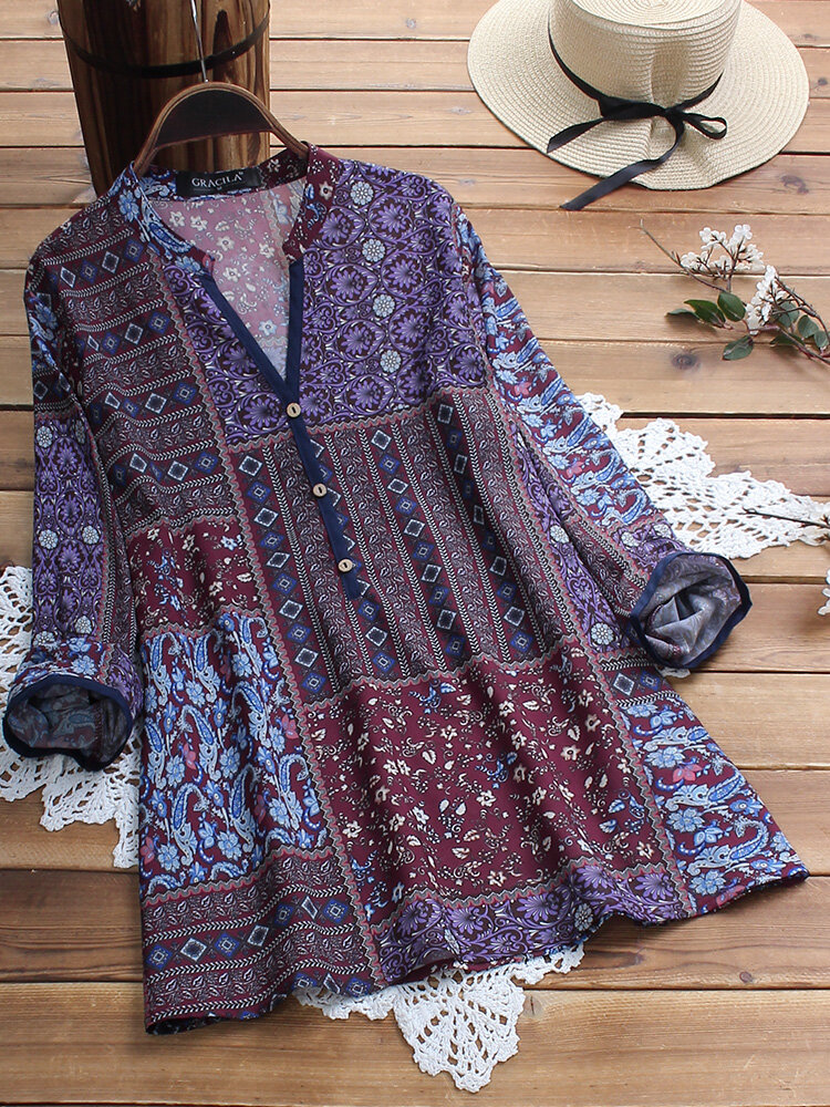 

Folk Style Print Vintage Blouse, Light blue navy purple