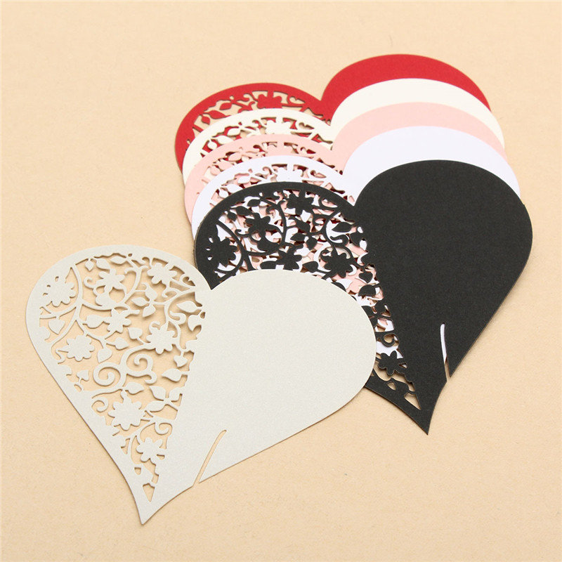 

50Pcs Heart Laser Cut Pearlescent Paper Wedding Name Place Cards Wine Glass Party Accessories, White white silver red pink black