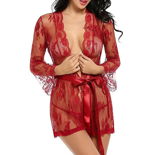 

Sexy Lace Embroidered Hollow Out Seducing Kimono Nightwear For Women, Purple black white rose wine red