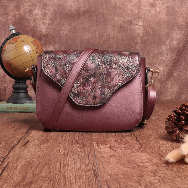 

Brenice Vintage Embossed PU Leather Floral Crossbody Bag, Red purple