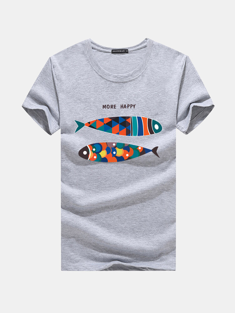 

Fish Printed Summer Casual T Shirts, White gray black