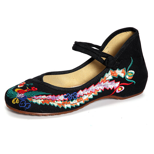 

Phoenix Embroidery Chineseknot National Wind Retro Vintage Slip On Flat Shoes, Black