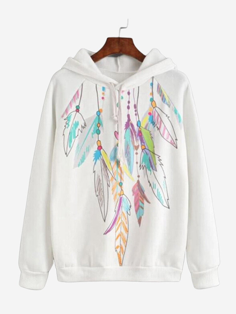 

Colorful Feather Print White Hooded Sweatshirt