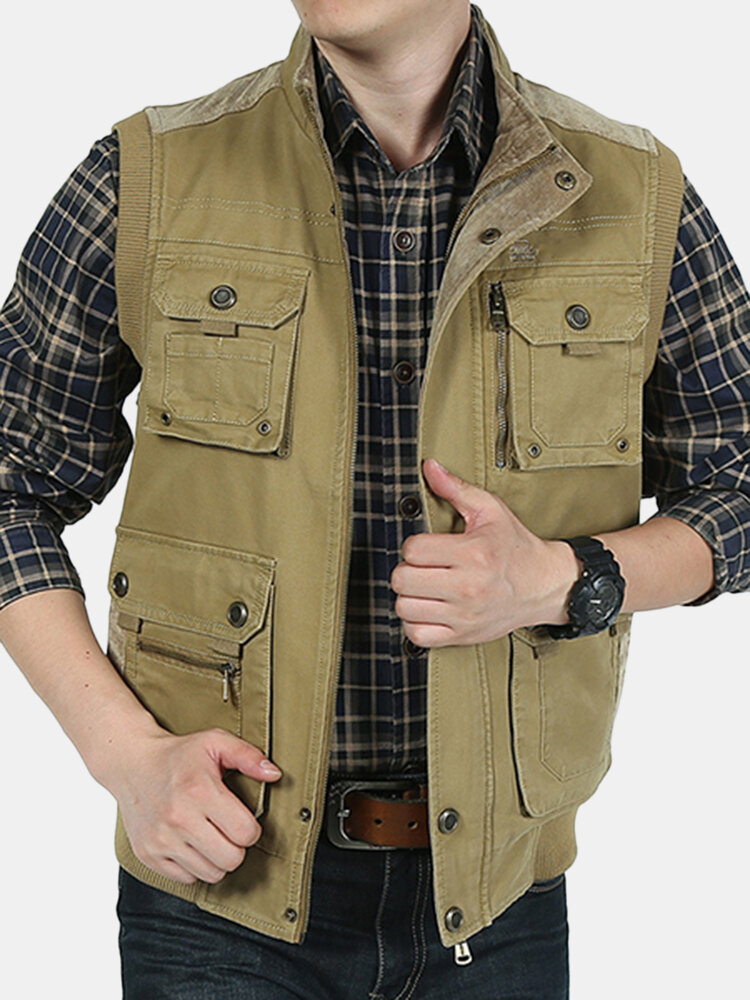 

Plus Size Casual Outdoor Cotton Vests, Khaki army green
