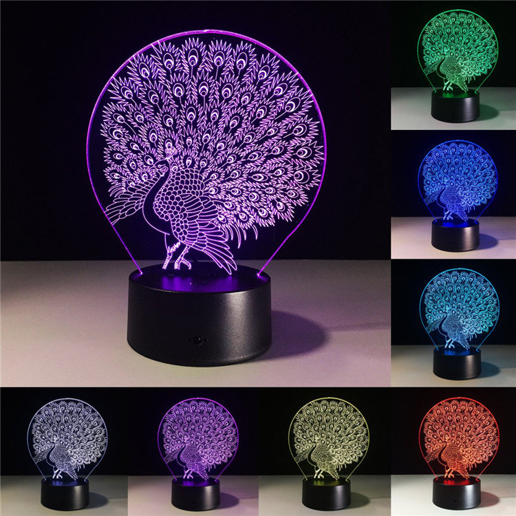 

Peacock 3D Acrylic LED Night light 7 Color Touch Desk Lamp Xmas Gift Living Room Home Decor