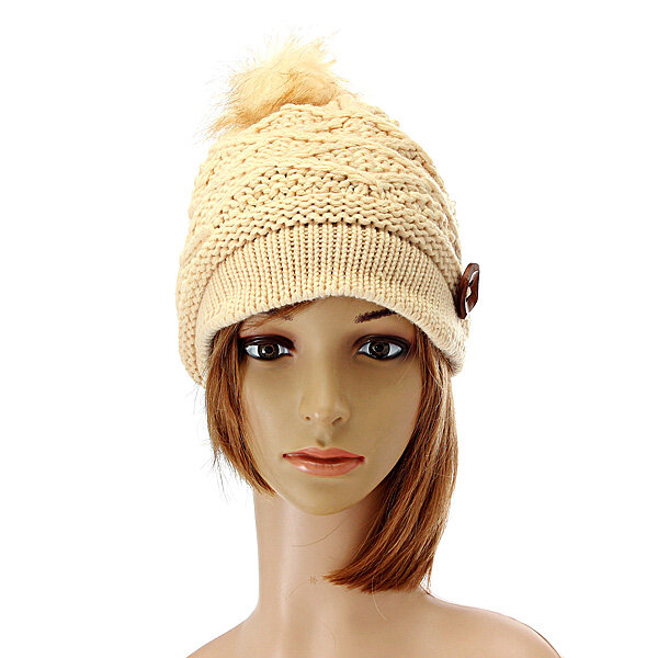 

Women Button Crochet Knit Beret Hat Ski Baggy Beanie Ball Wool Cap, Black white