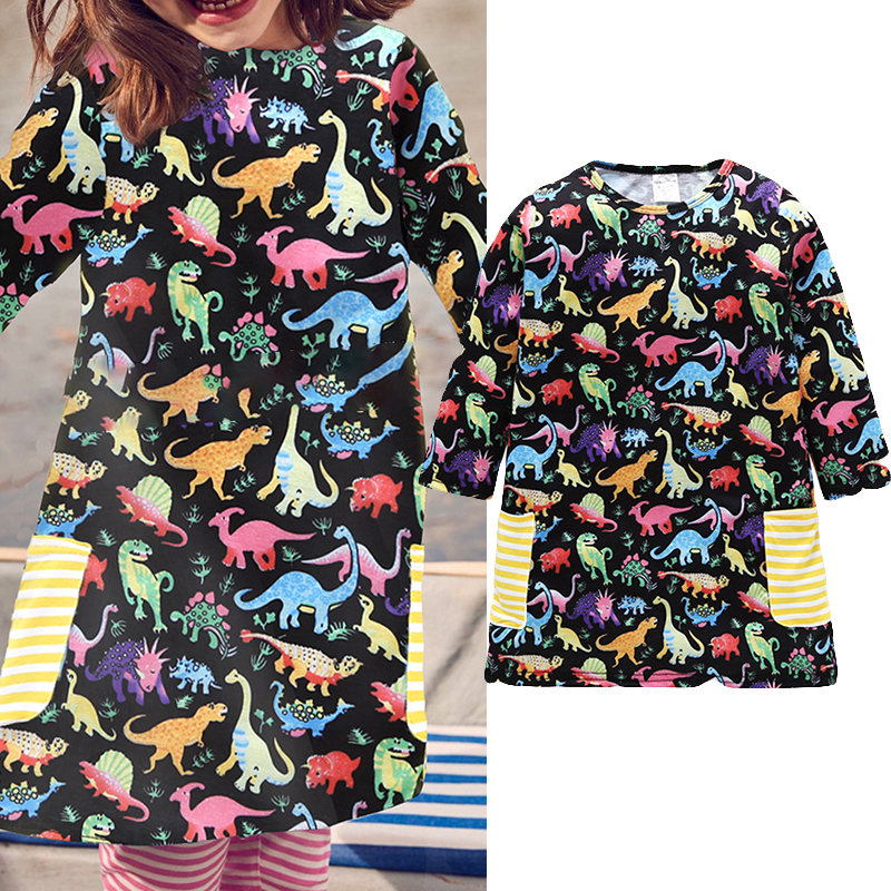 

Dinosaur Print Girls Casual Dress For 2Y-9Y, Black