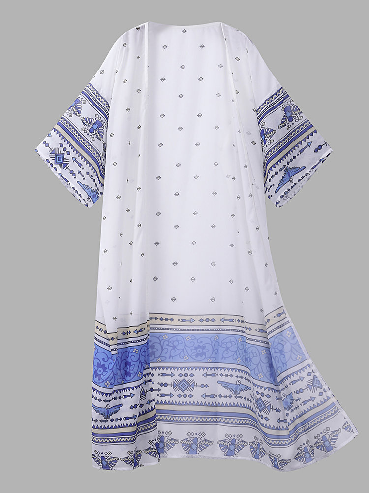 

Long Sleeves Printed Chiffon Beach Sun Protection Clothing, Sapphire blue